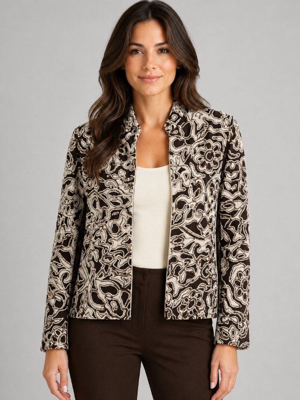 Chico's Women's Brown Beaded Patterned Jacket Chico’s Size 0 (US approximate 4)